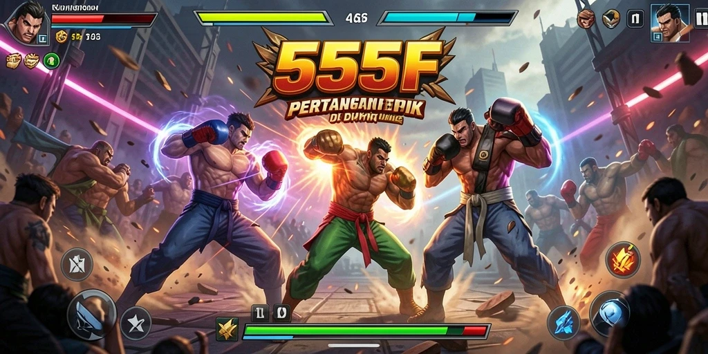 Tampilan gameplay intens di game Fighting 555F dengan karakter yang beragam.
