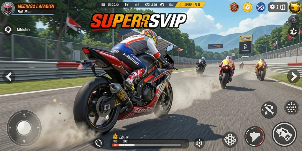 Tampilan gameplay balapan motor yang mendebarkan di SUPERSVIP.